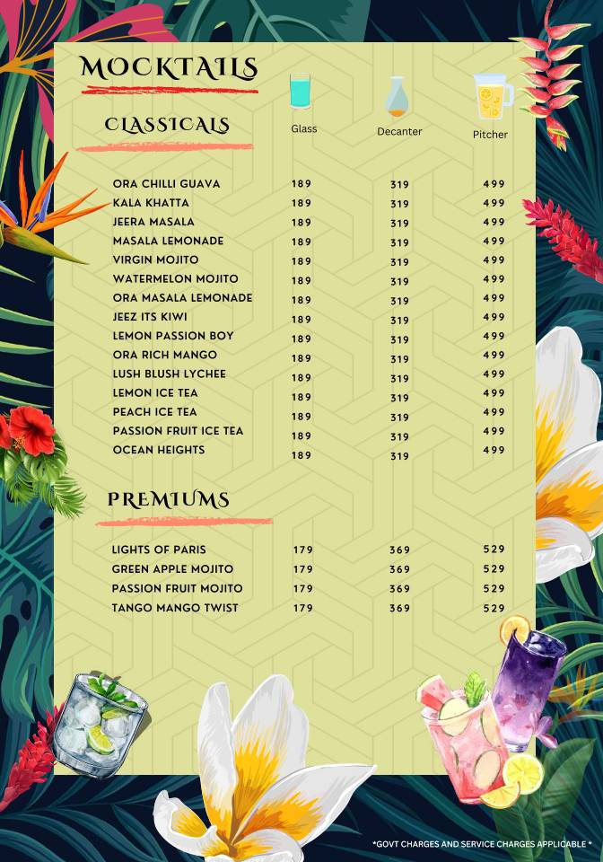 Ora Lounge menu