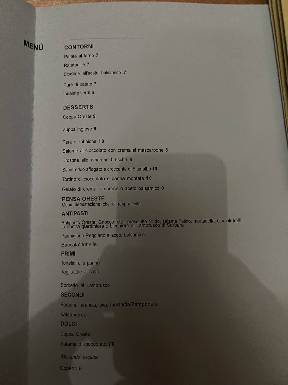 Menu di Ristorante Oreste Campagnia 