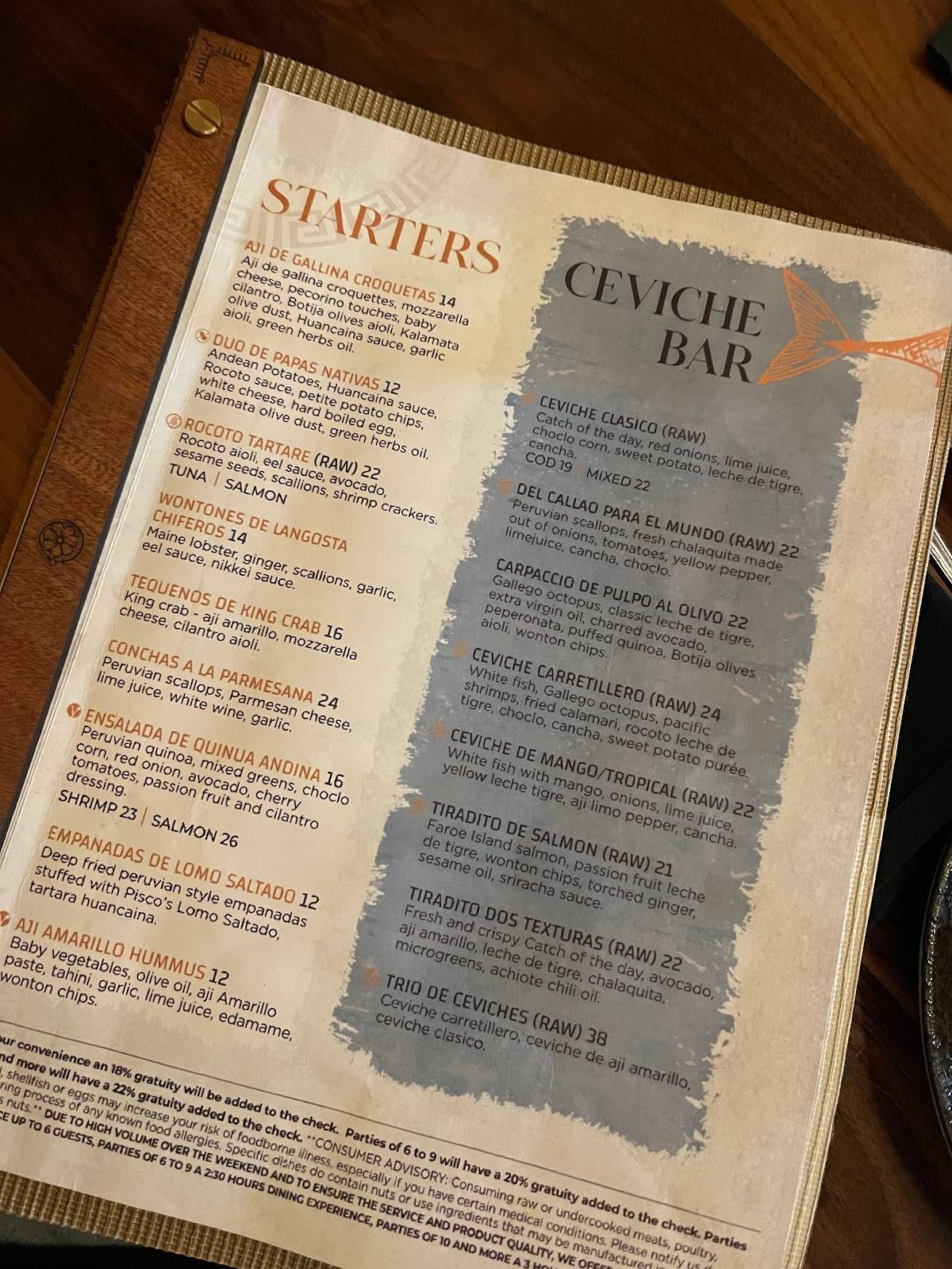 Menu at Pisco Peruvian Gastrobar Orlando, Orlando