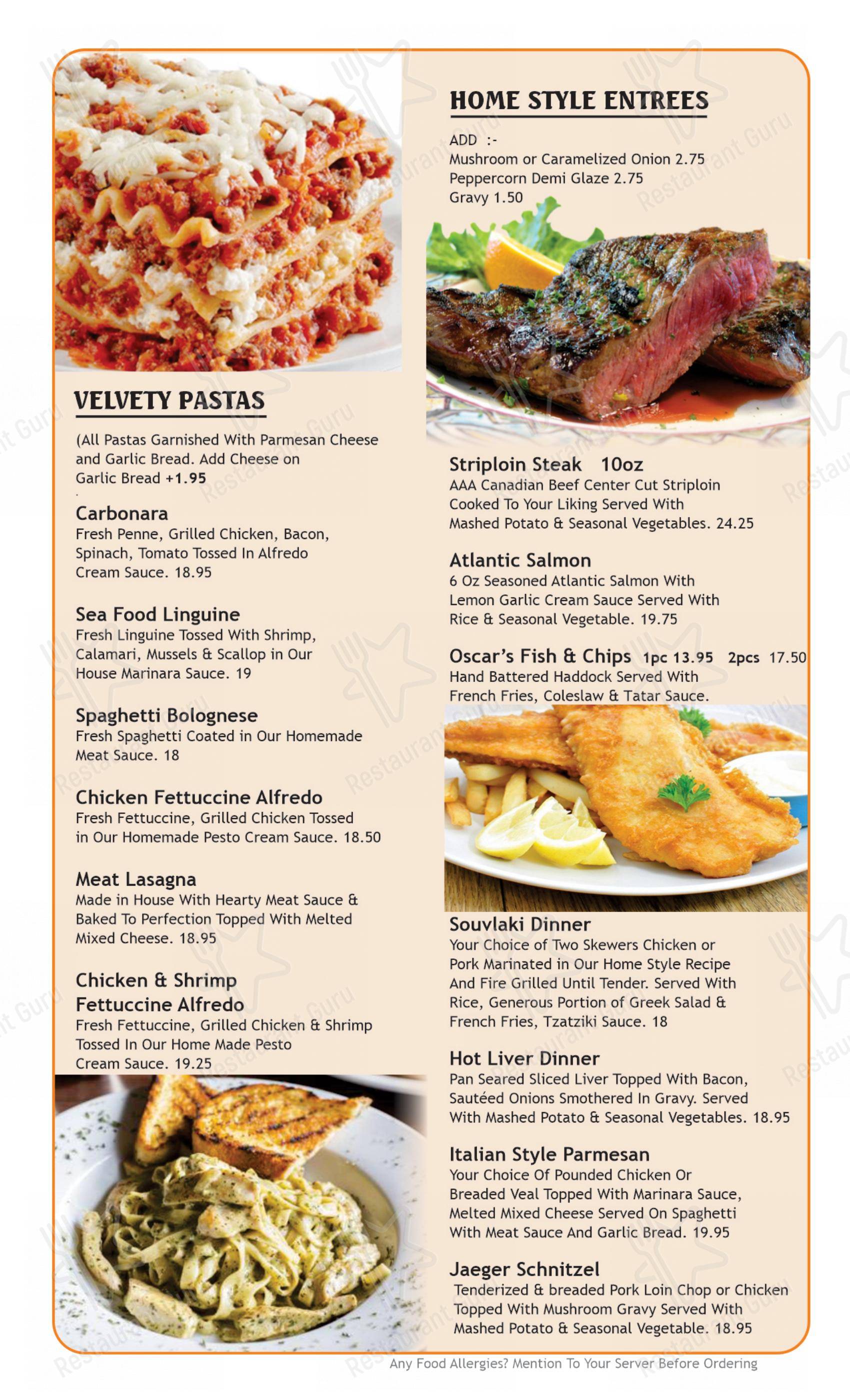 Menu bar pour Oscar's Family Diner & Grill restaurant