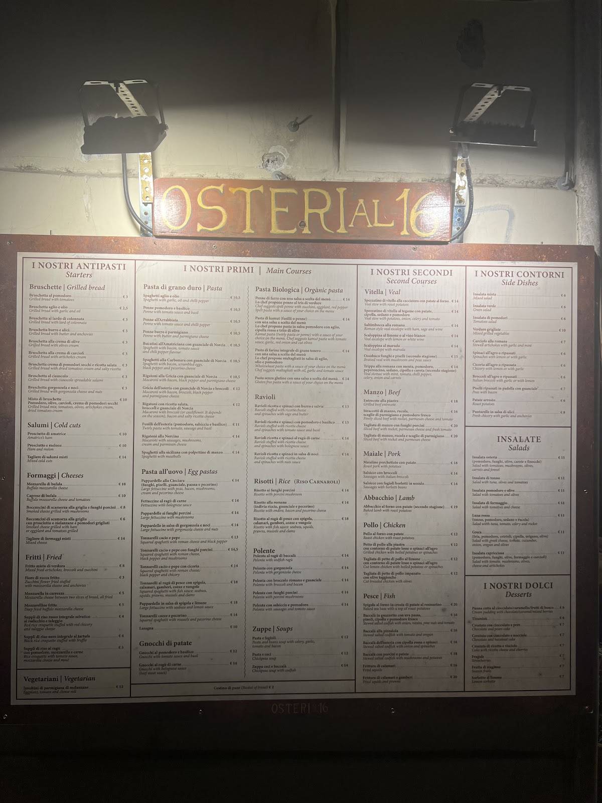 Menu di Osteria Al 16 