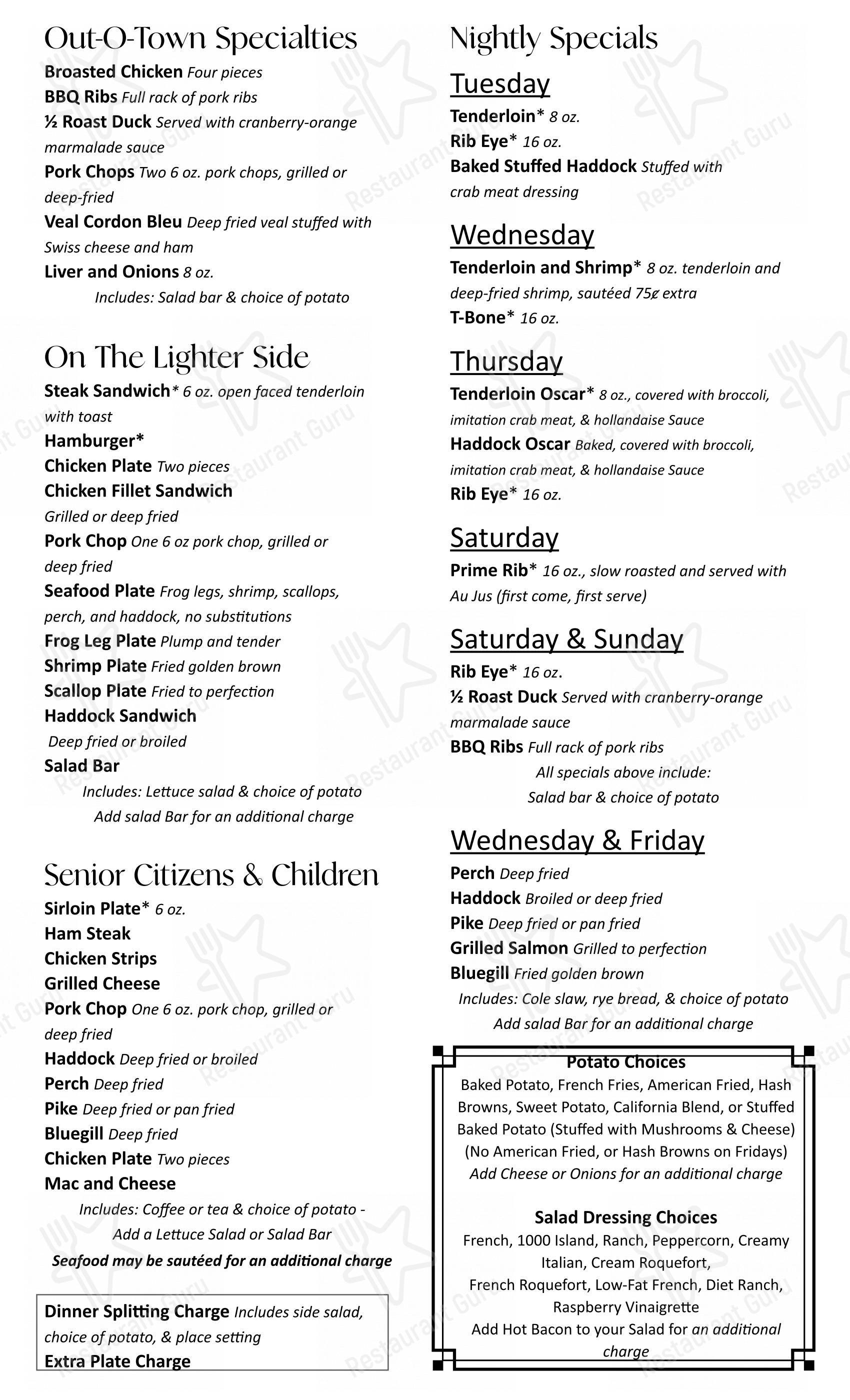 Menu at Out-O-Town Supper Club, Kaukauna