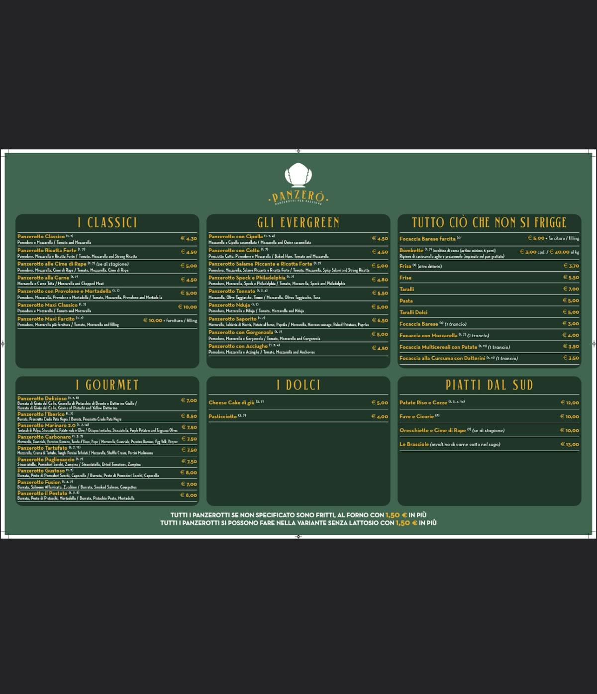 Menu di Panzerò Panzerotti Per Passione 