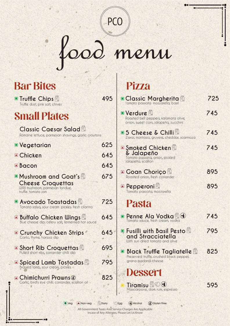 PCO Bar menu