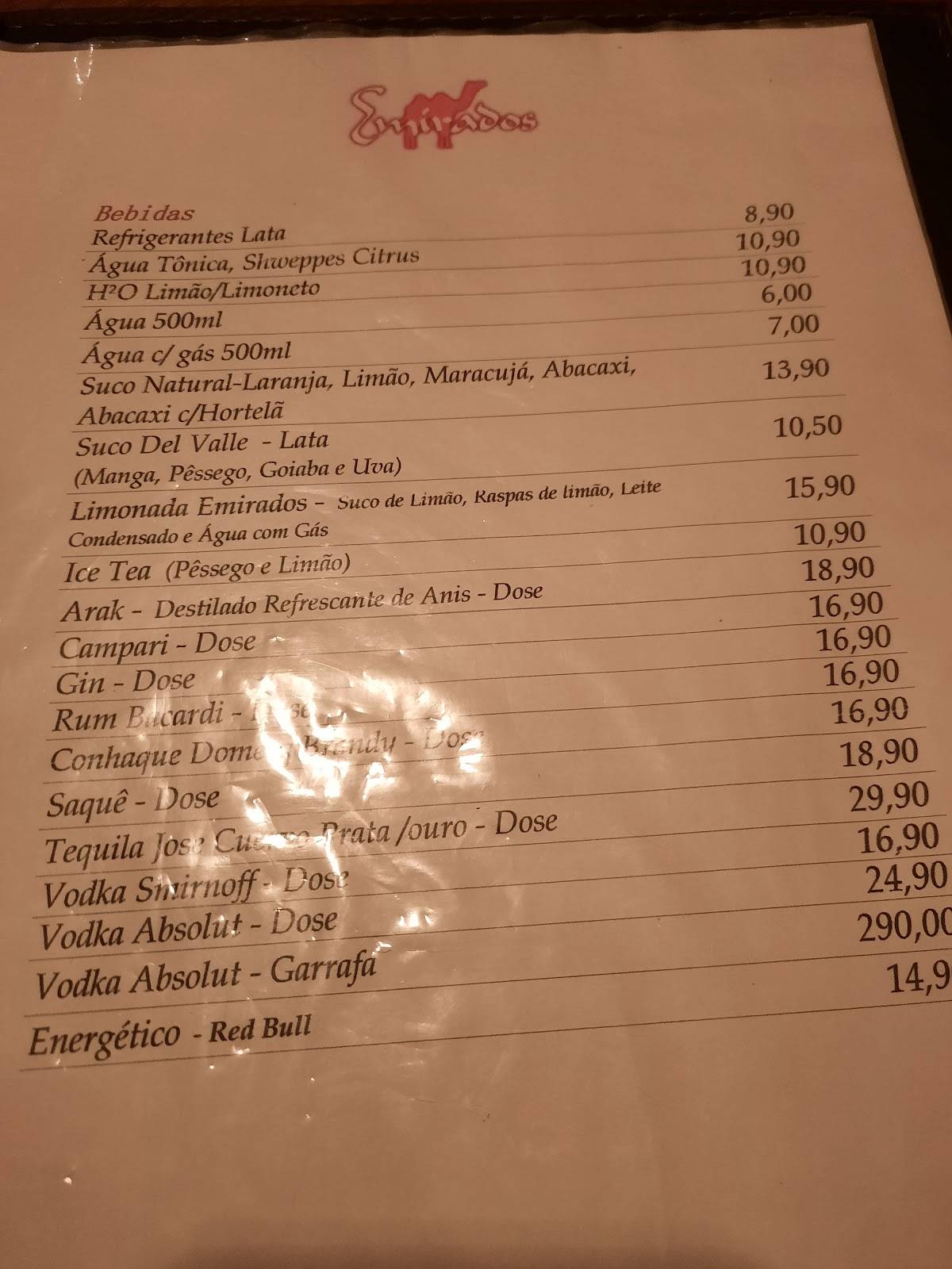 Emirados Esfiharia (Paraty RJ) cardápio