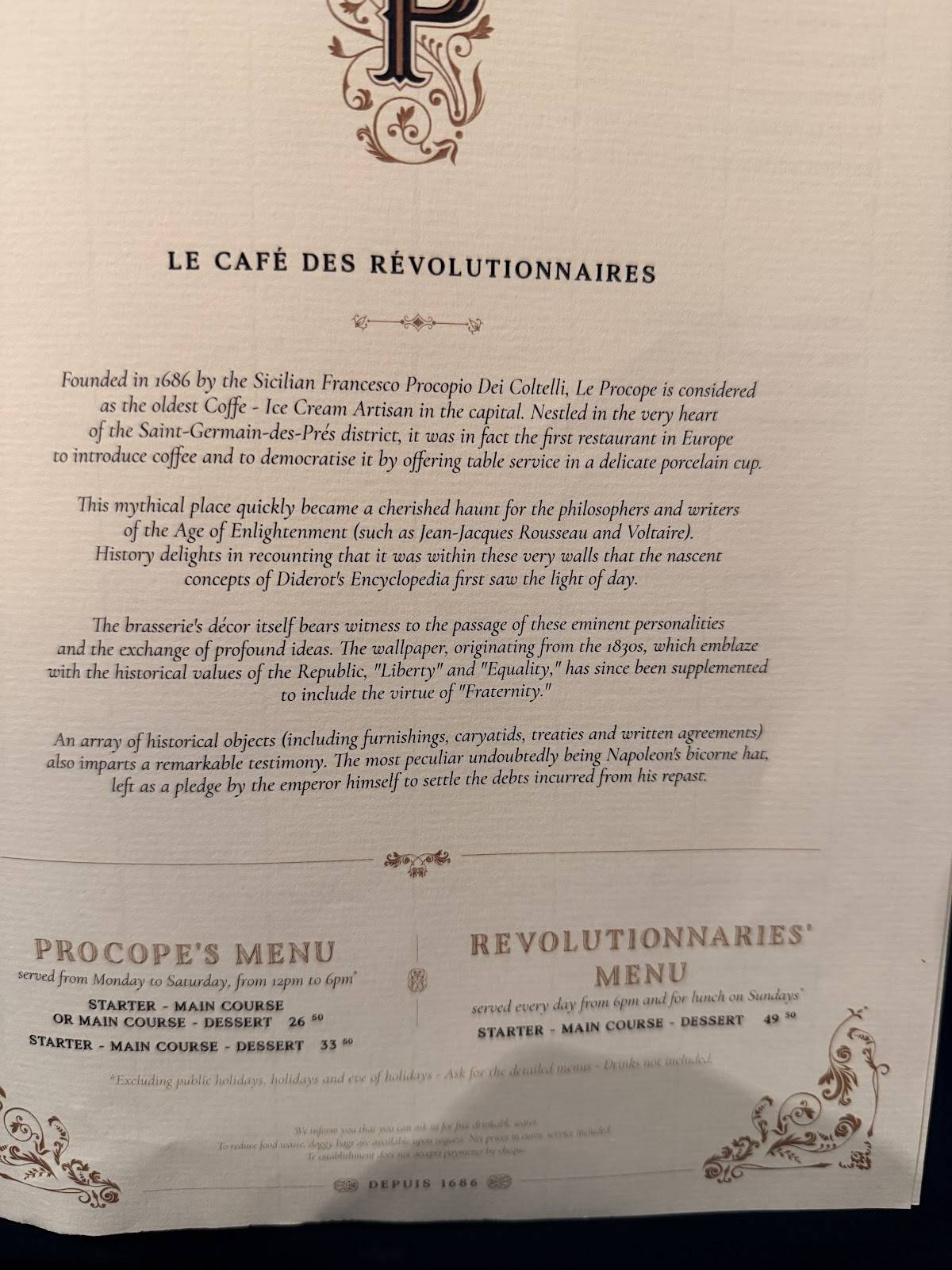 Menu de Le Procope