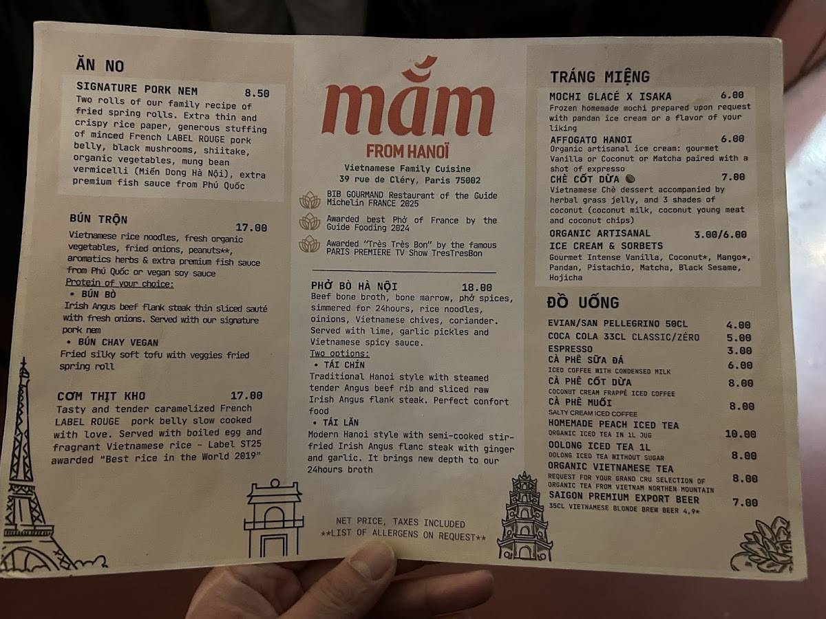 Menu at Mắm From Hanoï restaurant, Paris