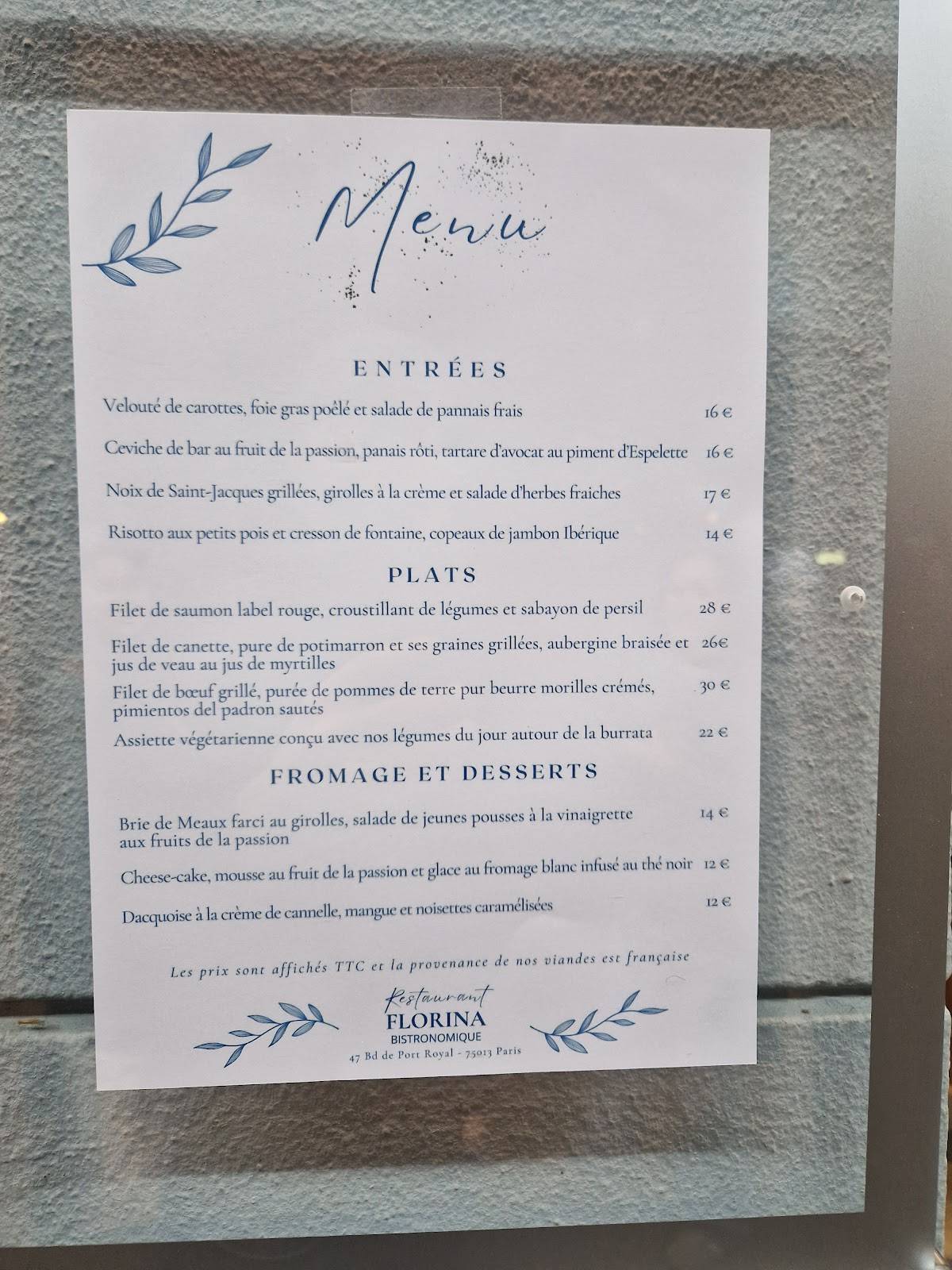 Menu de Restaurant Bistronomique FLORINA