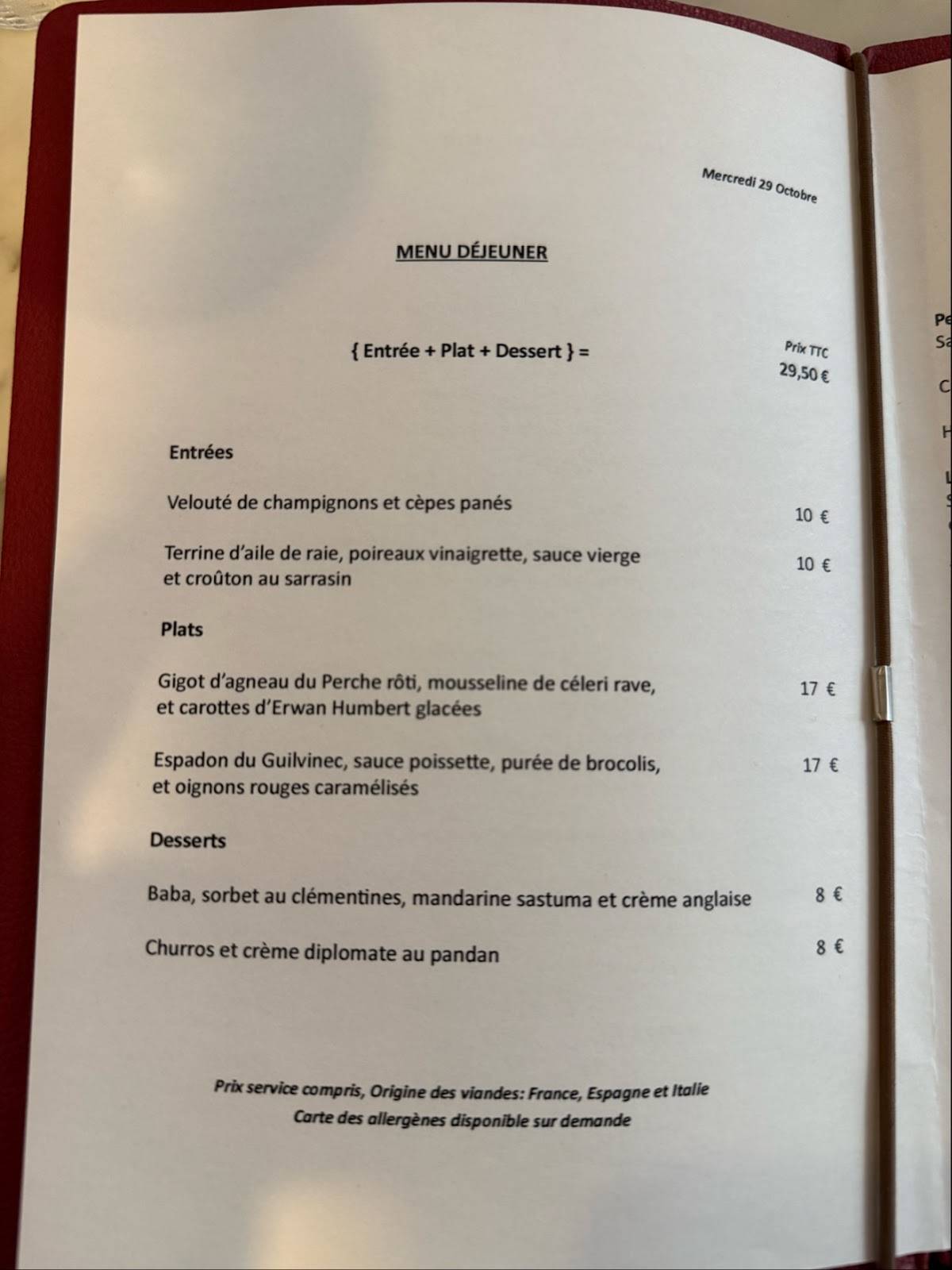 Menu de Vantre