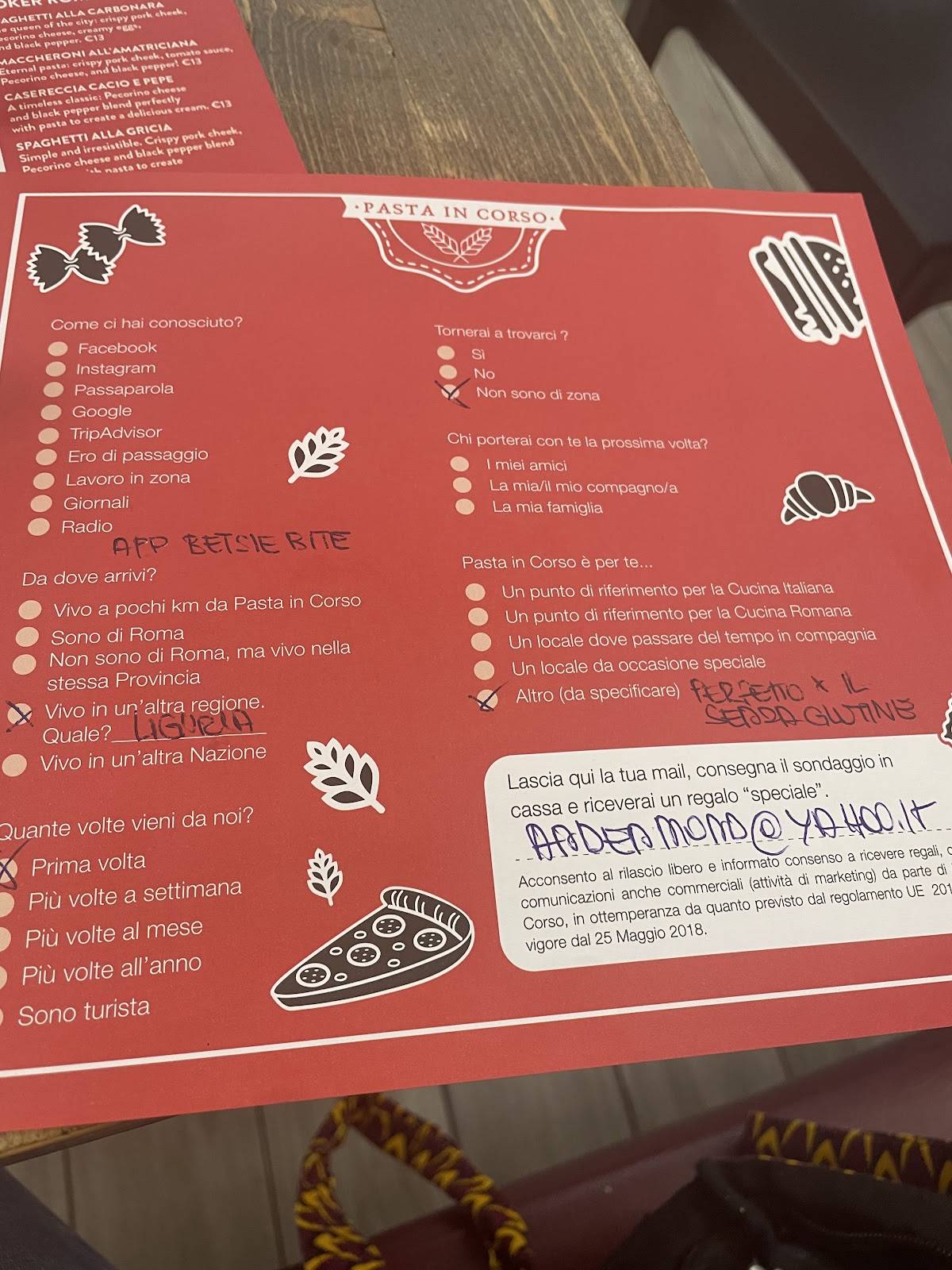 Menu di Pasta In Corso 