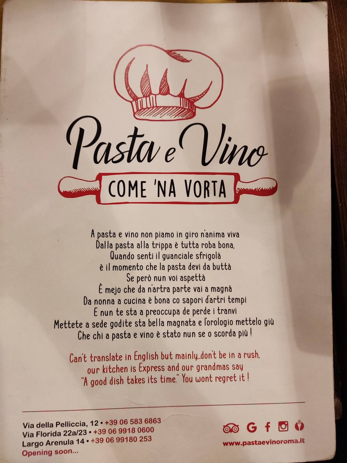Carta del restaurante Pasta e Vino Osteria via florida, Roma
