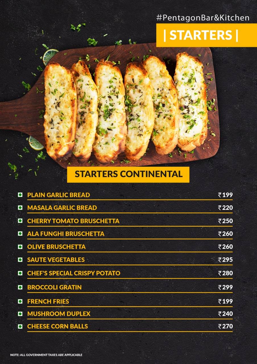 Pentagon Bar & Kitchen menu