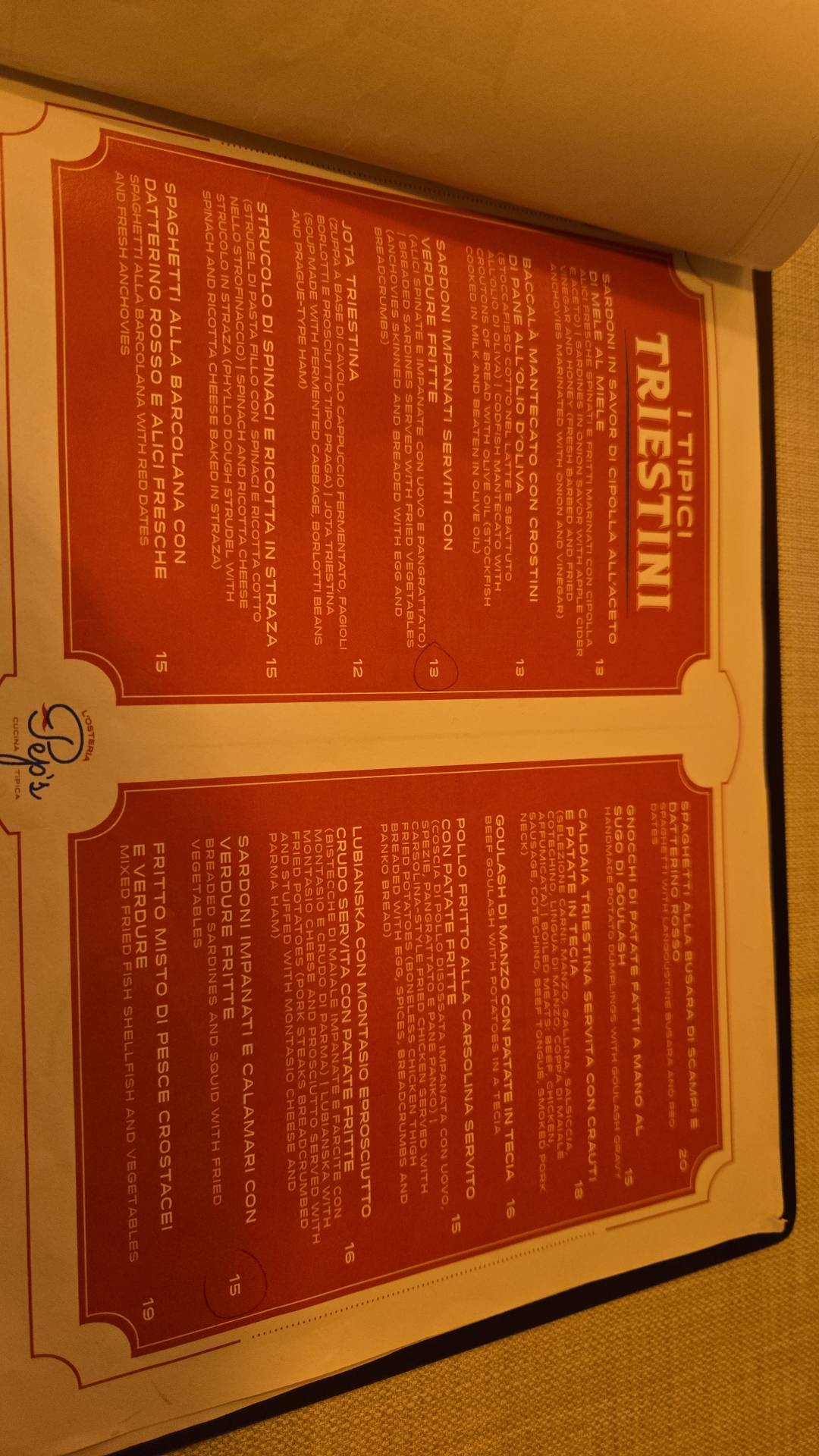 Menu di L'Osteria Pep's - Trieste 