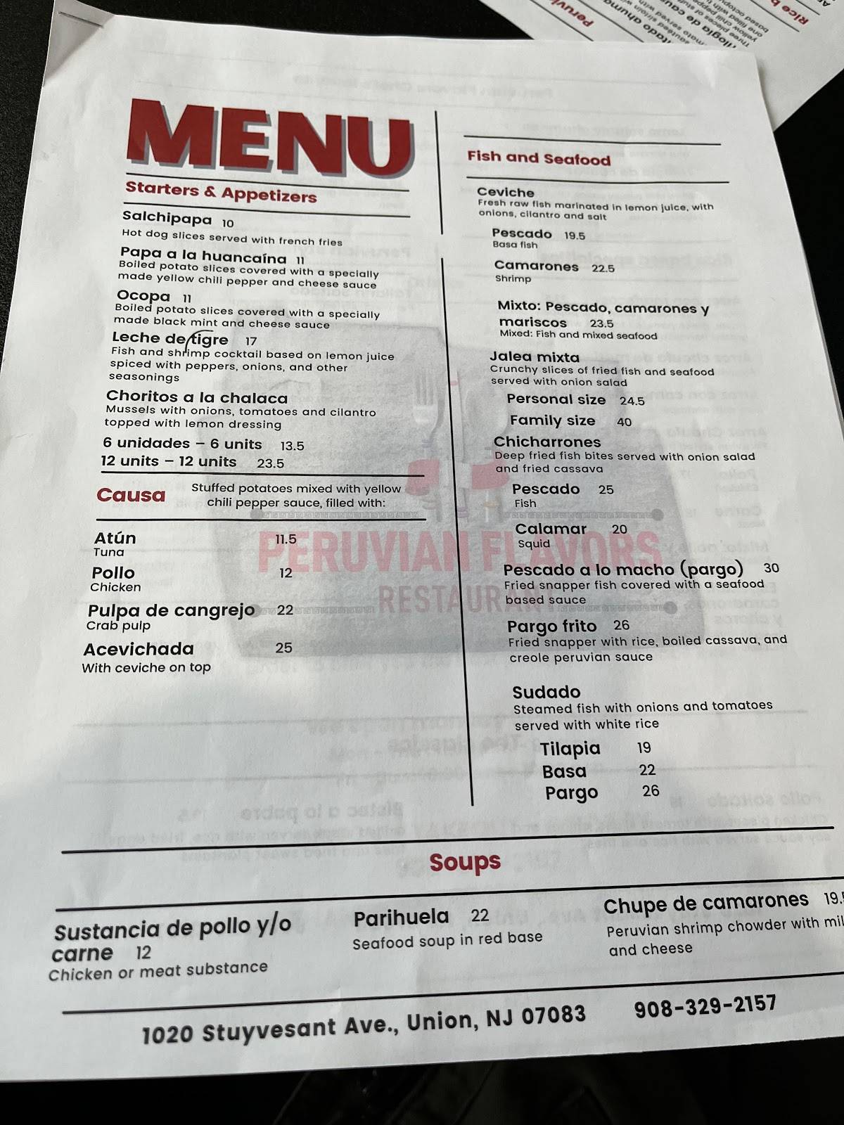 Menu at Peruvian Flavors Restaurant, Union
