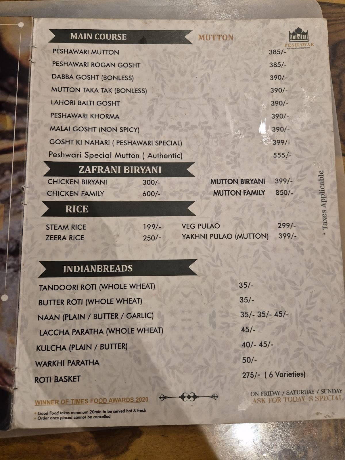 Peshawar Restaurant menu