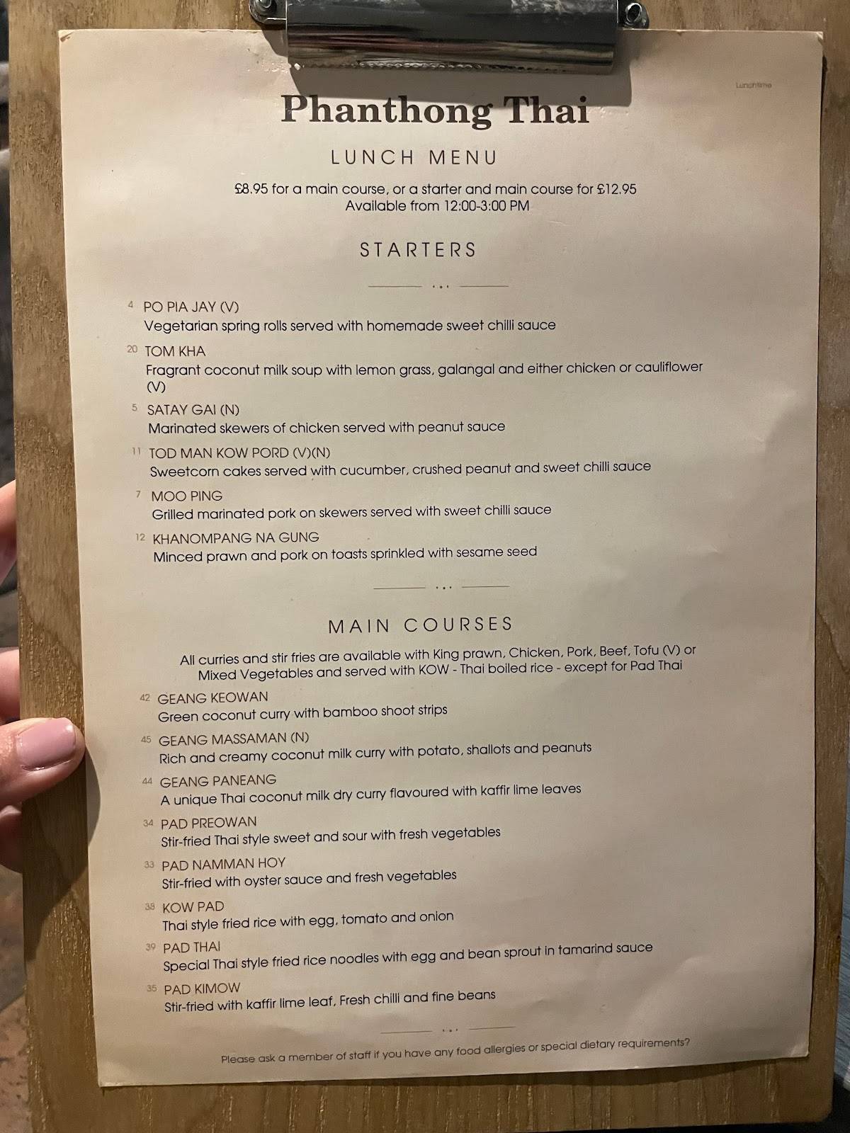 Menu at Phanthong Thai Restaurant, Altrincham