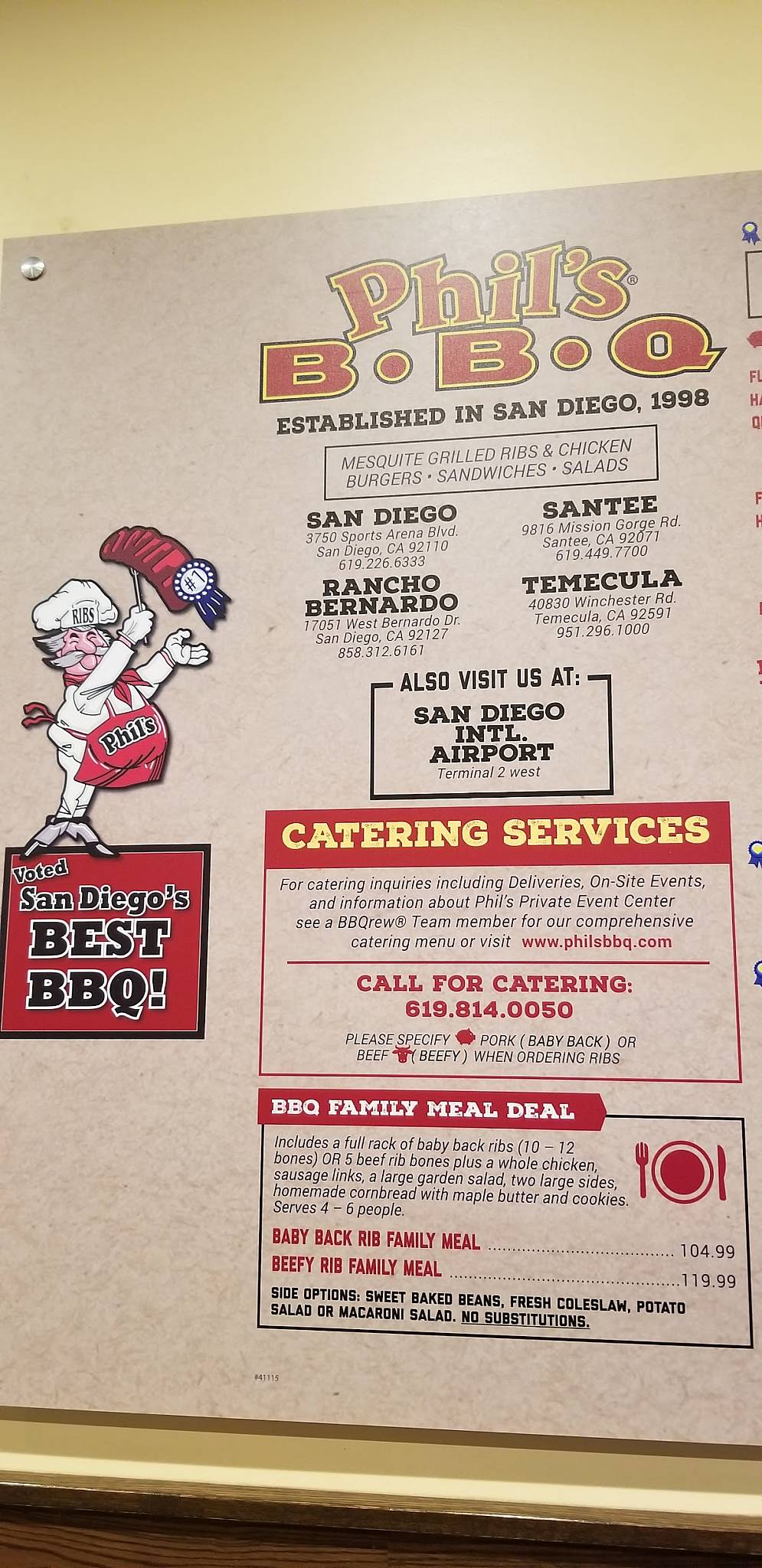 Menu at Phil's BBQ, San Diego, W Bernardo Dr