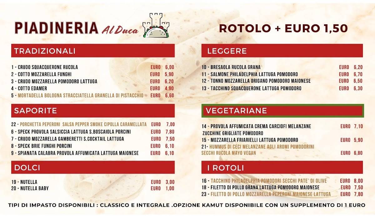 Menu di Piadineria al Duca 