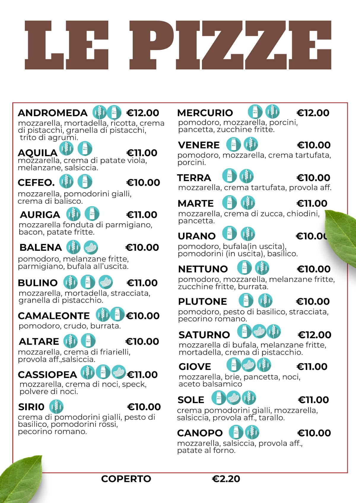 Menu di Pianeta Pizza Cento 