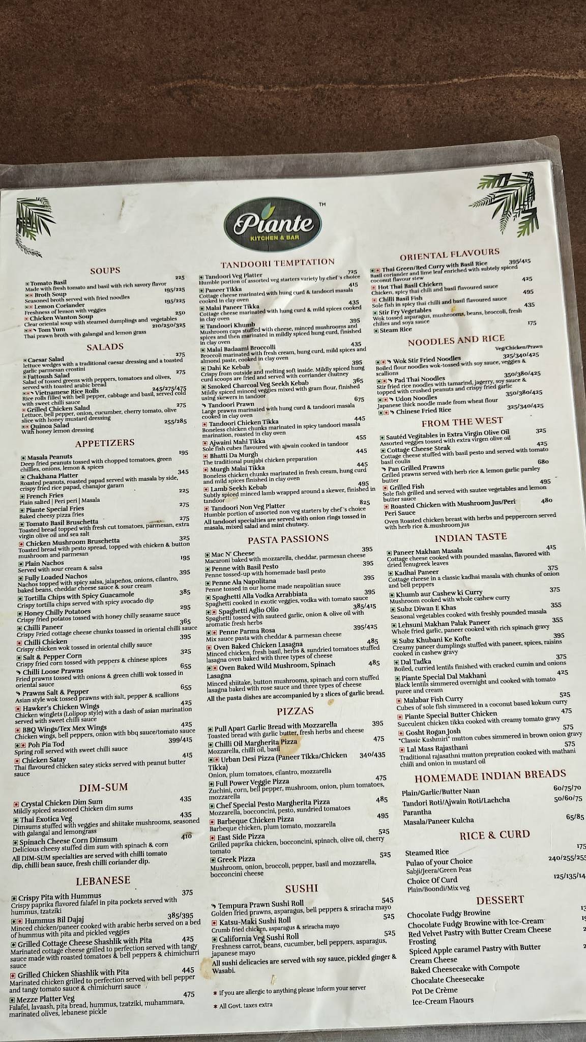 Piante - Kitchen and Bar menu