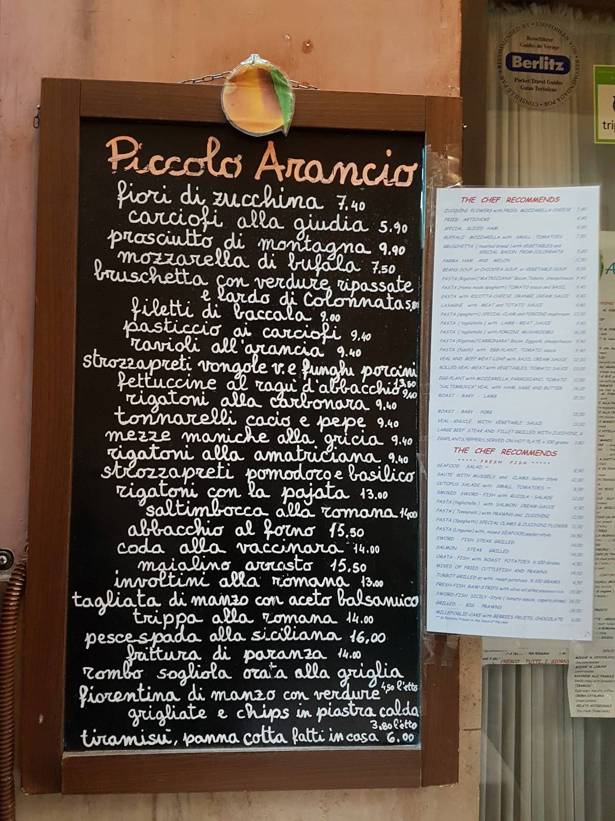 Menu at Piccolo Arancio restaurant, Rome, Vicolo Scanderbeg