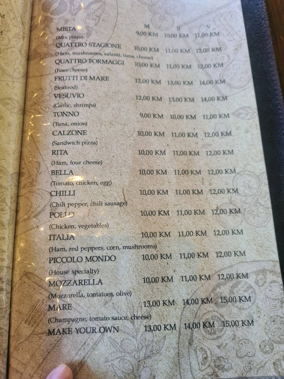 Menu at Piccolo Mondo restaurant, Sarajevo, Kotromanića 5