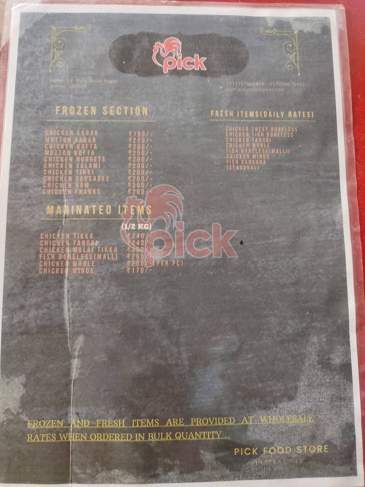Pick Food Store menu