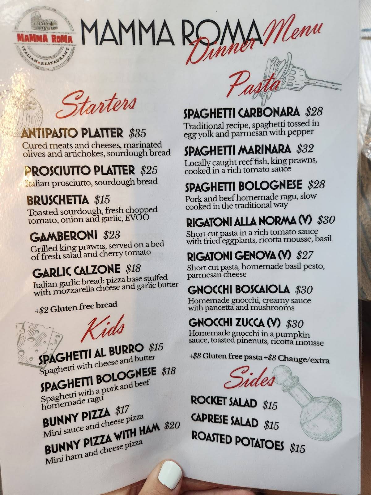 Menu at Mamma Roma restaurant, Picnic Bay