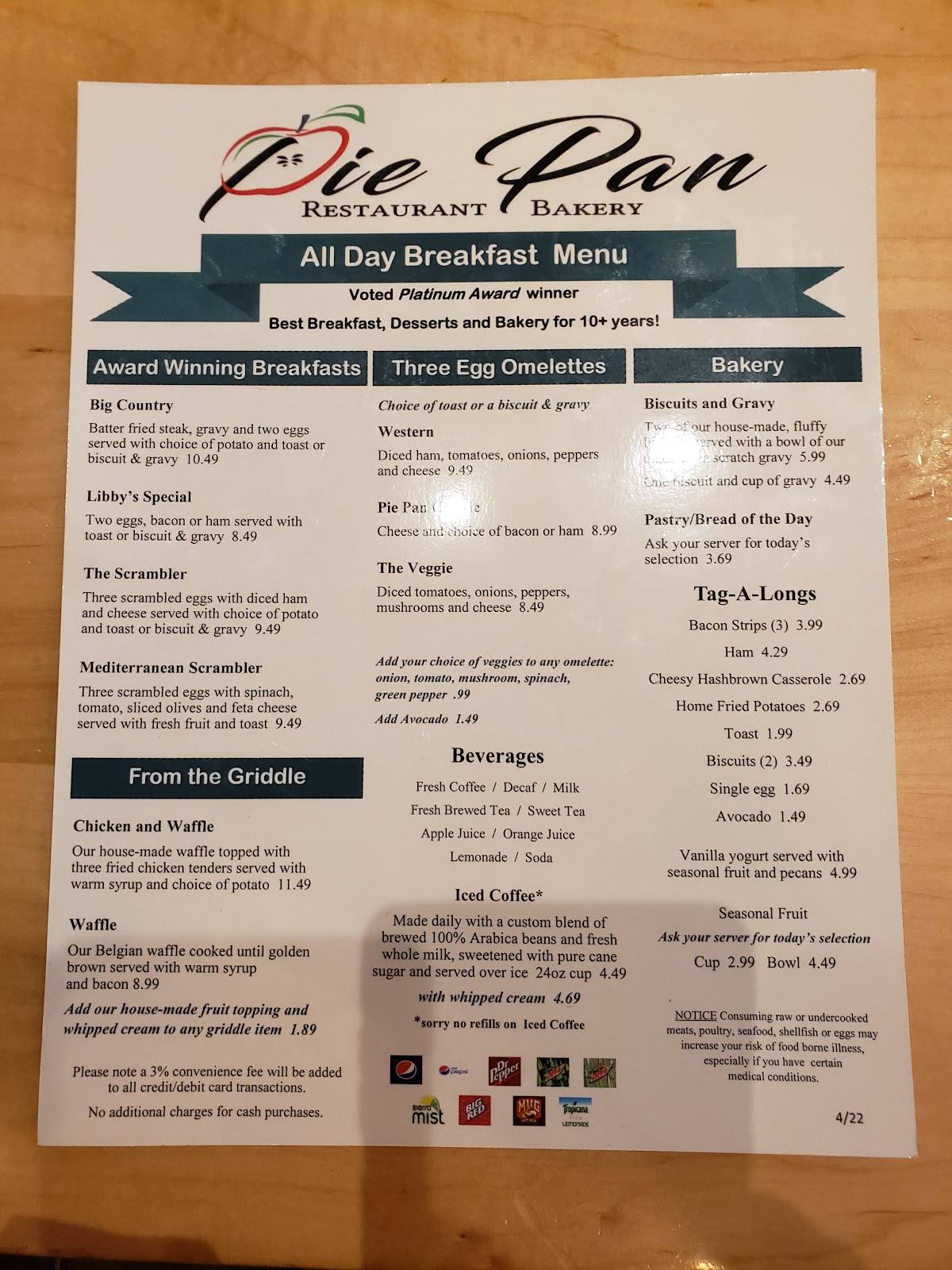 Menu at Pie Pan Restaurant & Bakery, Evansville