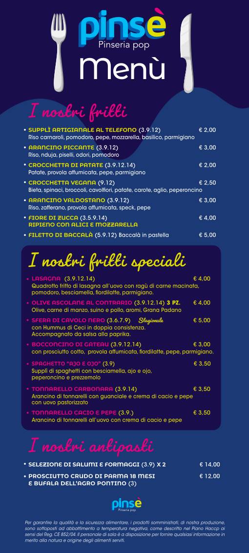 Menu di Pinsè Pomezia 