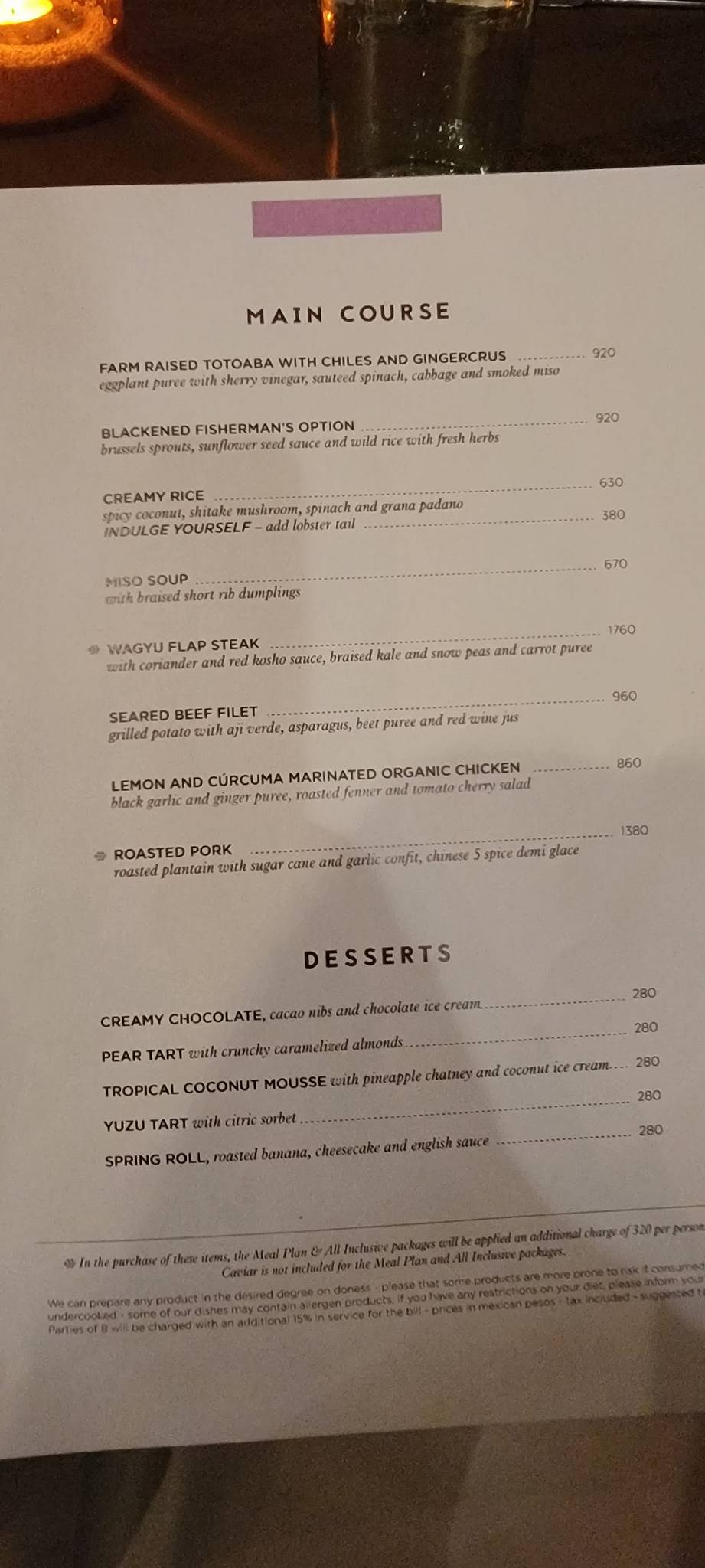 Menu at Pitahayas Restaurant, Mexico, Hacienda del Mar Los Cabos Cabo