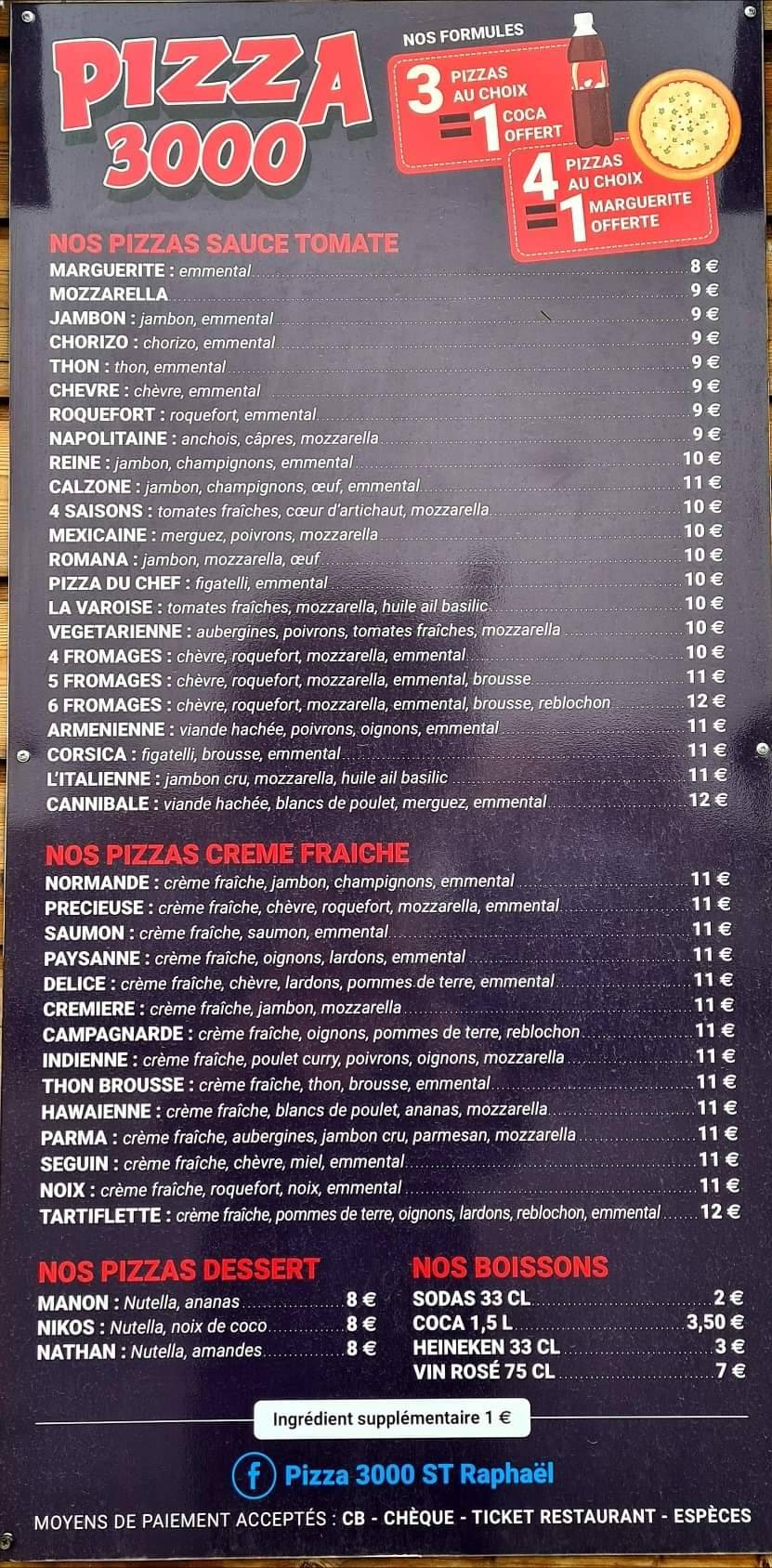 Menu de Pizza 3000 St Raphaël