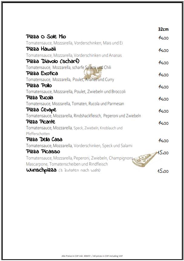 Menu di Pizza Picasso Basel 