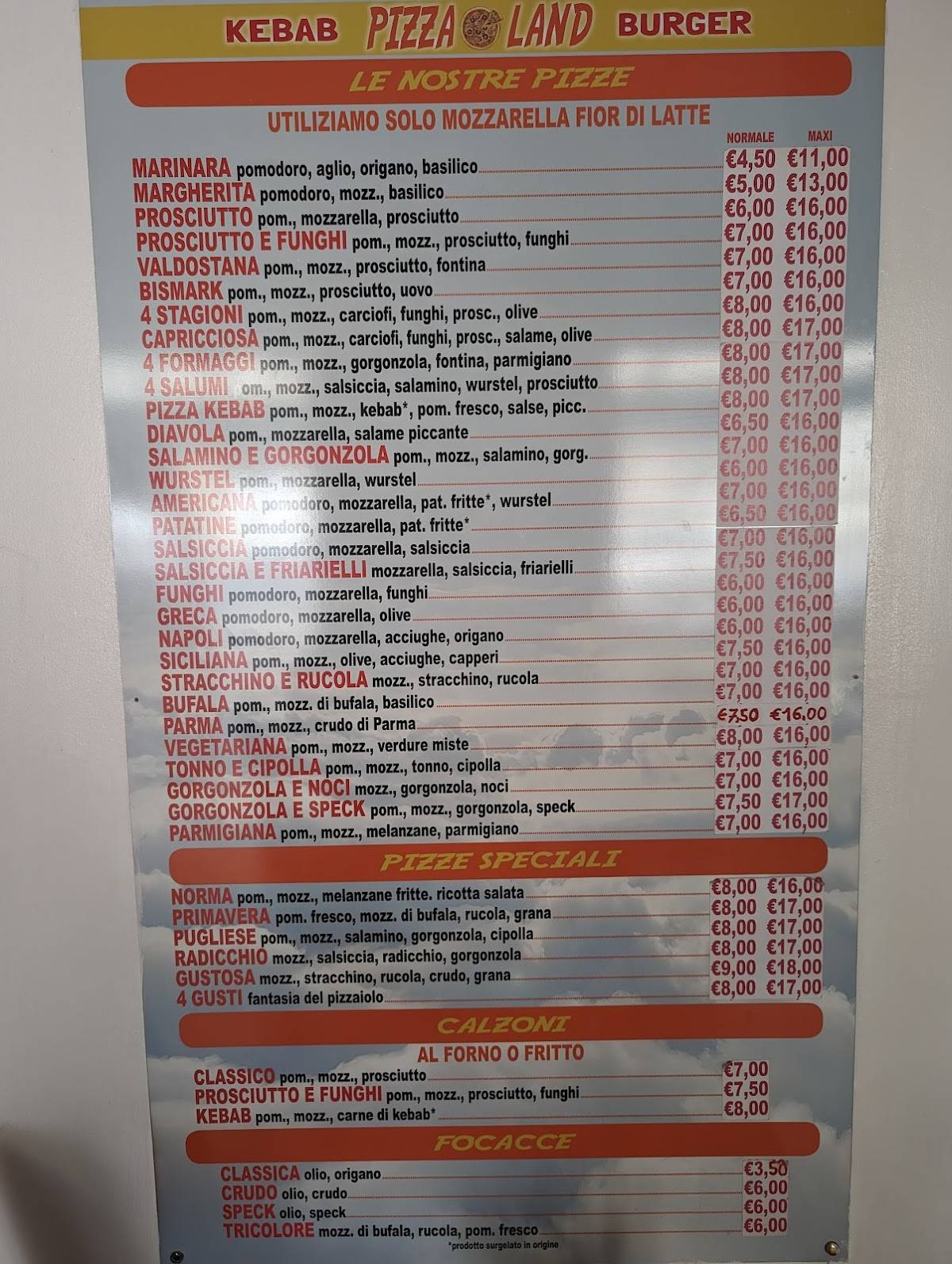 Menu di Pizzaland 