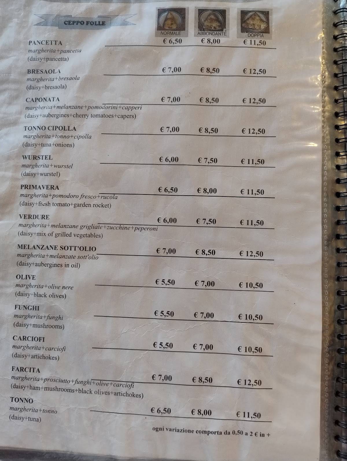 Menu di Pizzeria Al Ceppo Folle 