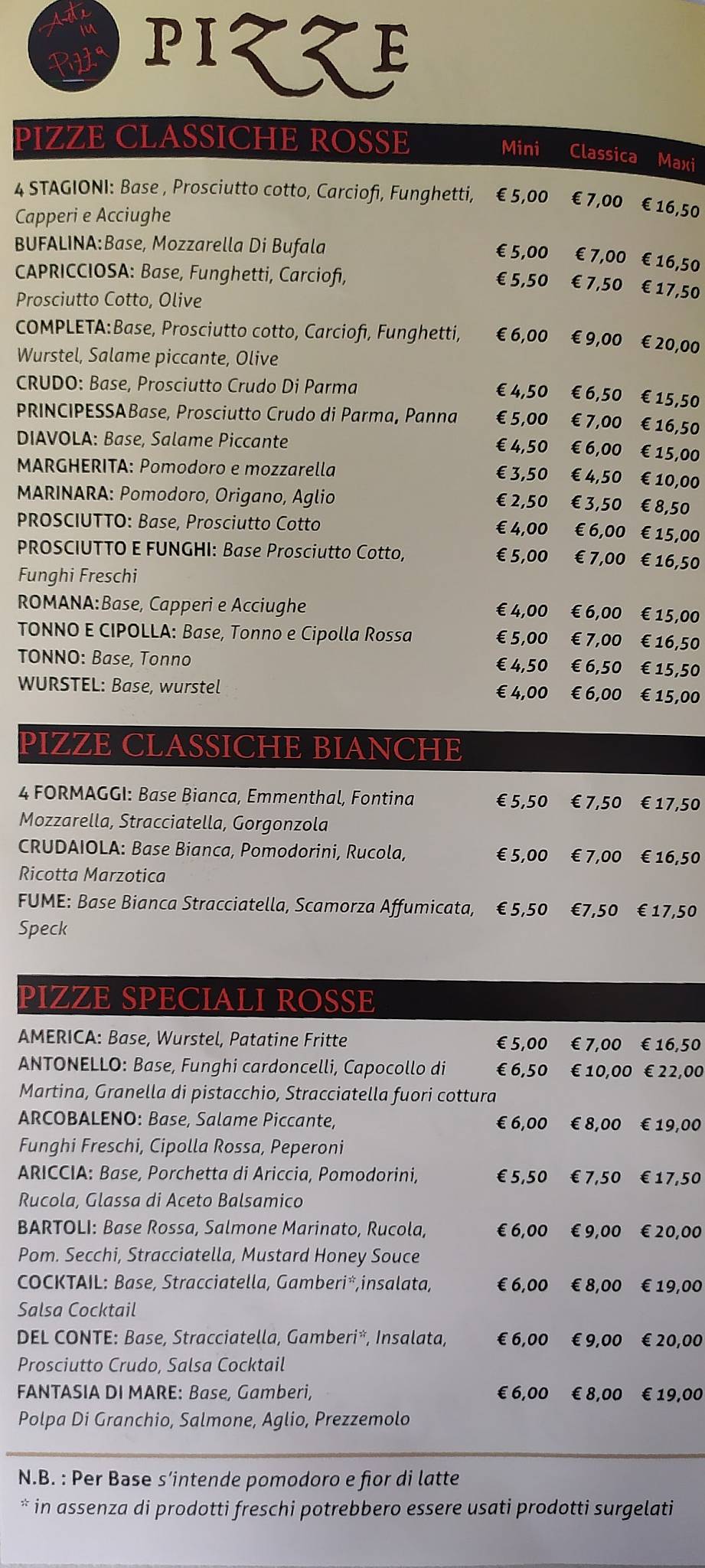 Menu di Pizzeria - Arte in pizza 
