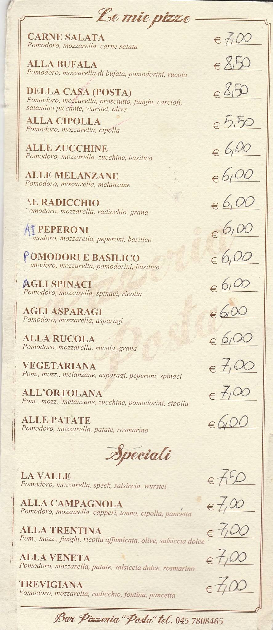 Menu di Pizzeria Bar Posta 