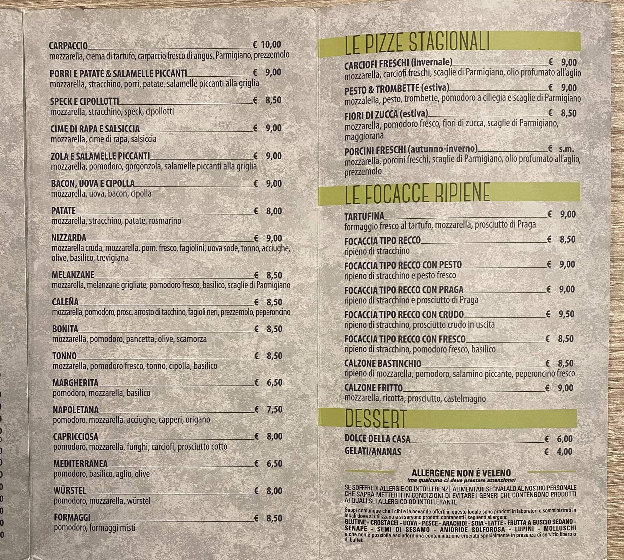 Menu di La Bonga 