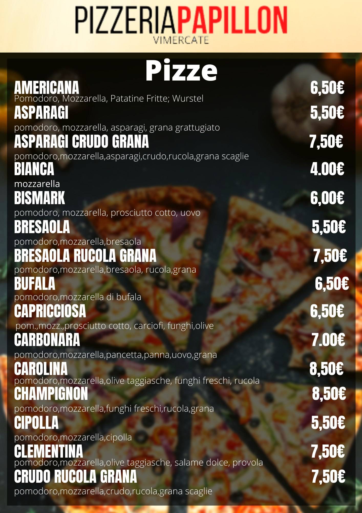 Menu di Pizzeria Papillon 
