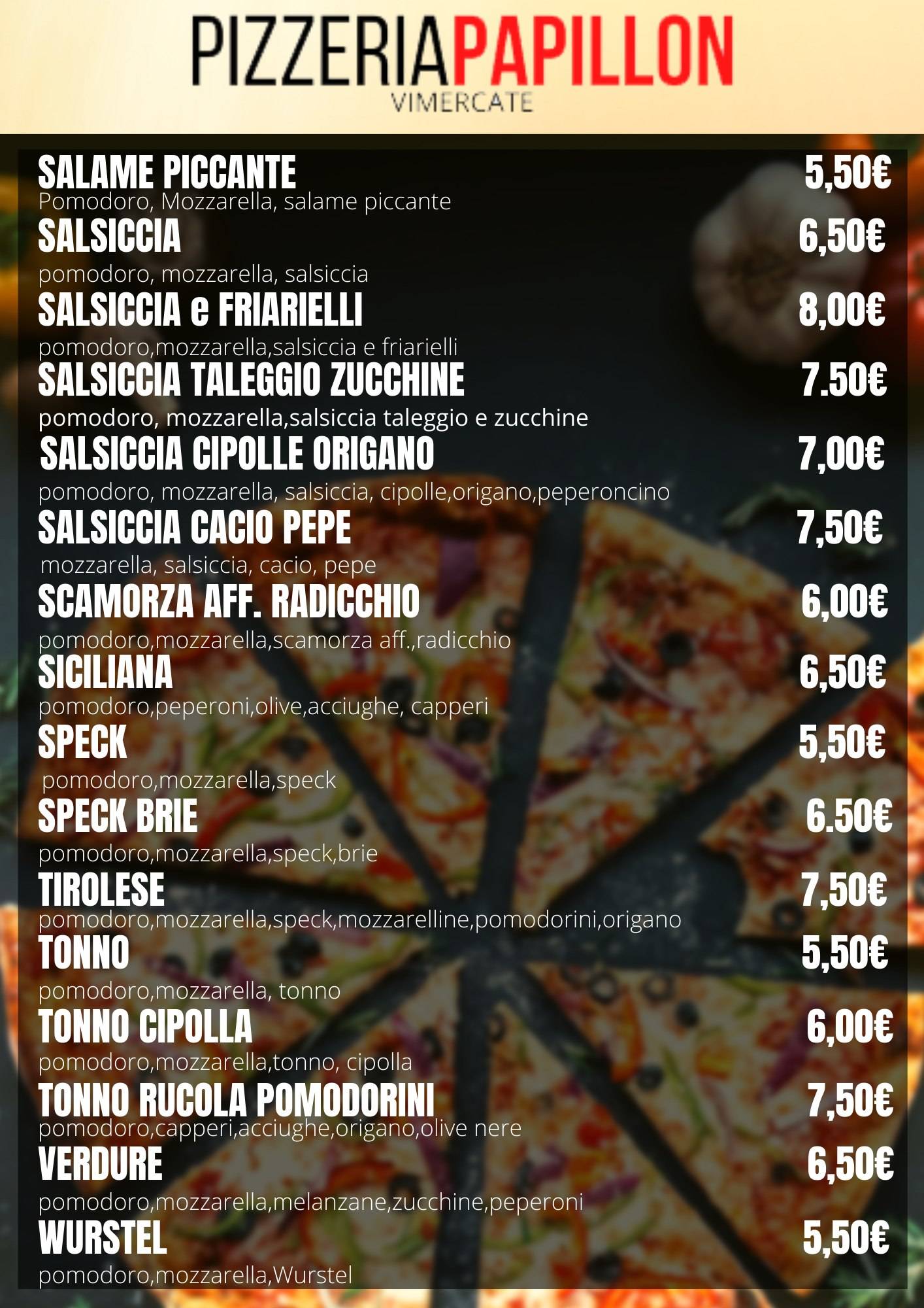 Menu di Pizzeria Papillon 