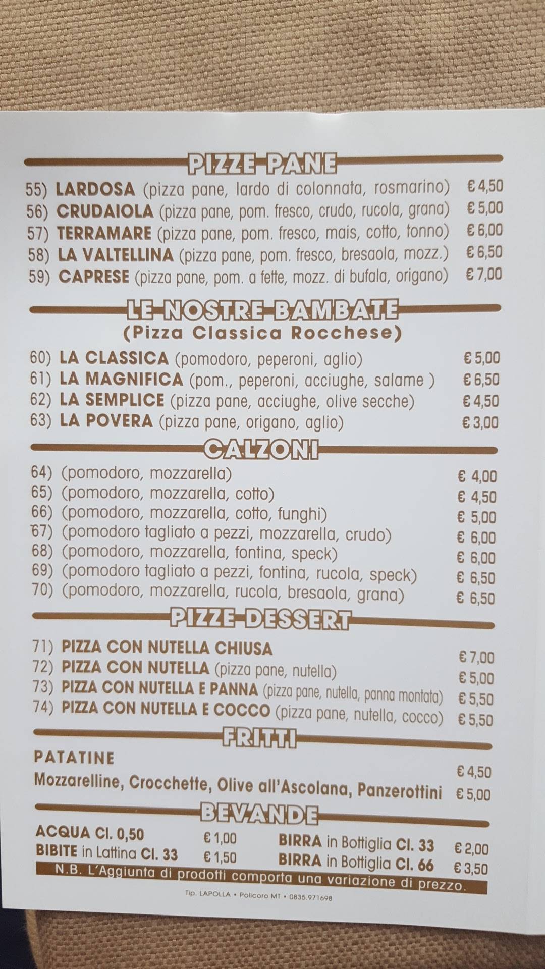 Menu di L’Impero 