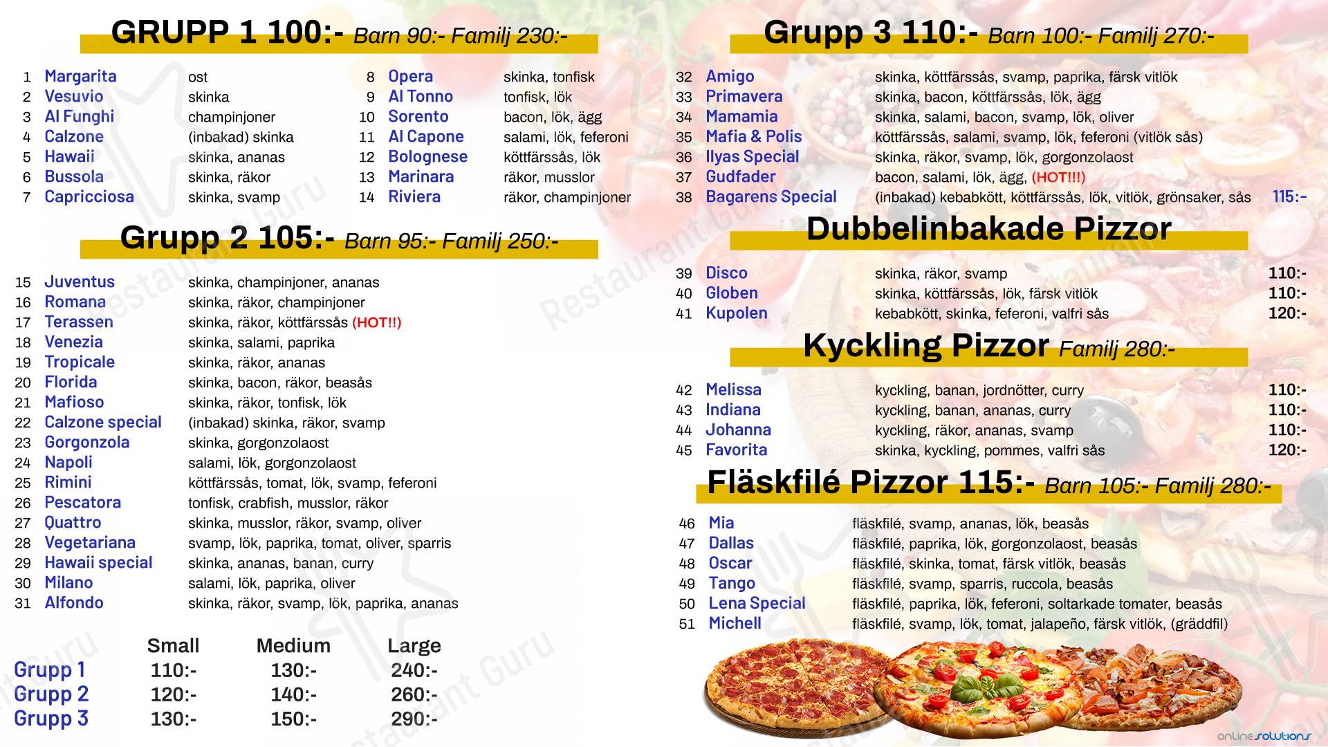 Menu at Pizzeria Piccolo Mondo, Falun