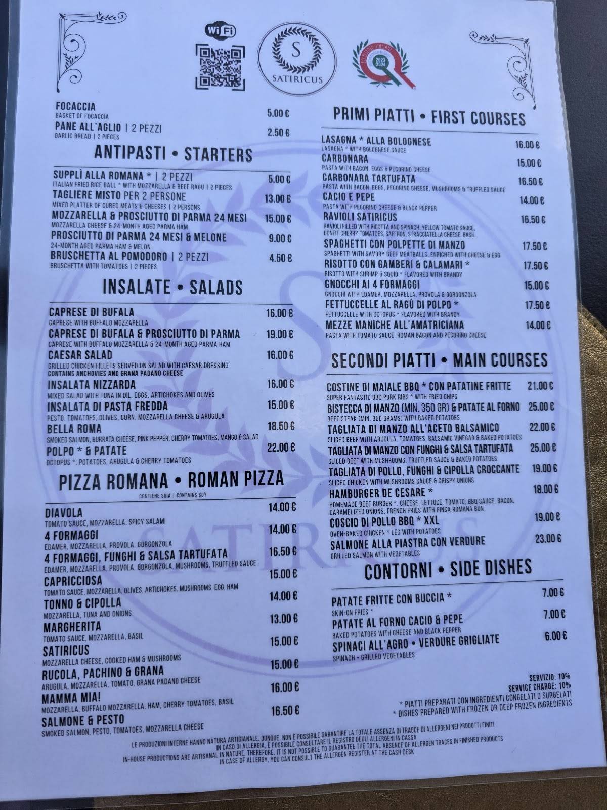 Menu de Satiricus Ristorante Pizzeria