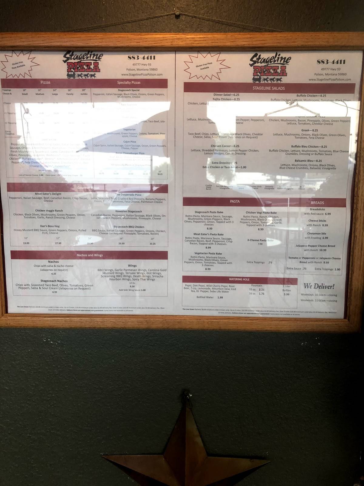 Menu at Stageline Pizza pizzeria, Polson, US-93