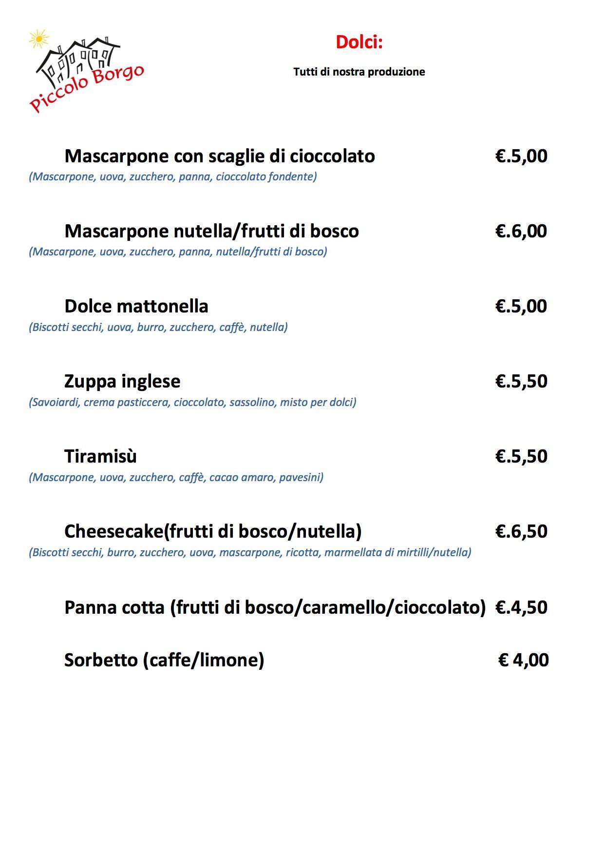 Menu di Trattoria Pizzeria Piccolo Borgo 