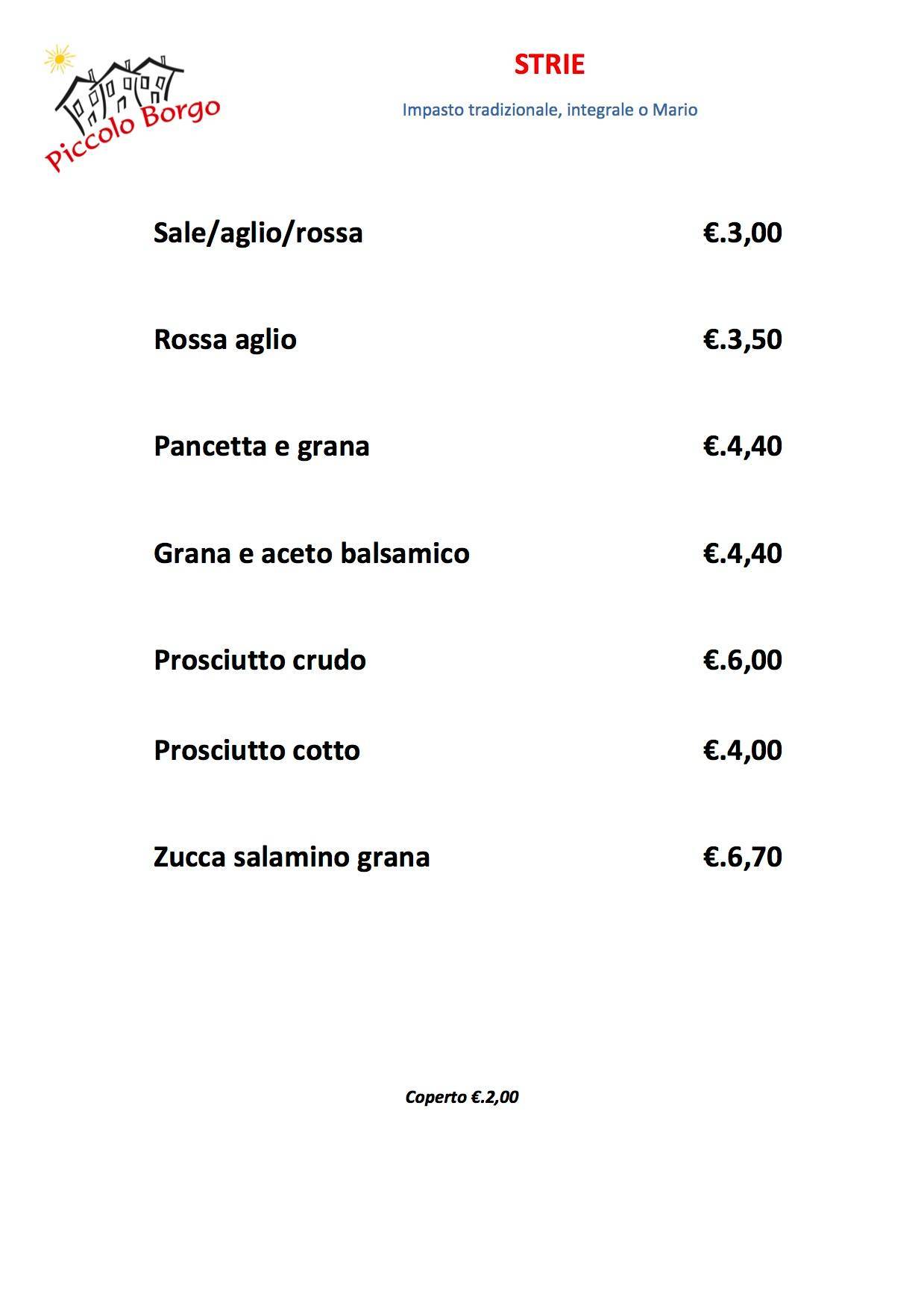 Menu di Trattoria Pizzeria Piccolo Borgo 