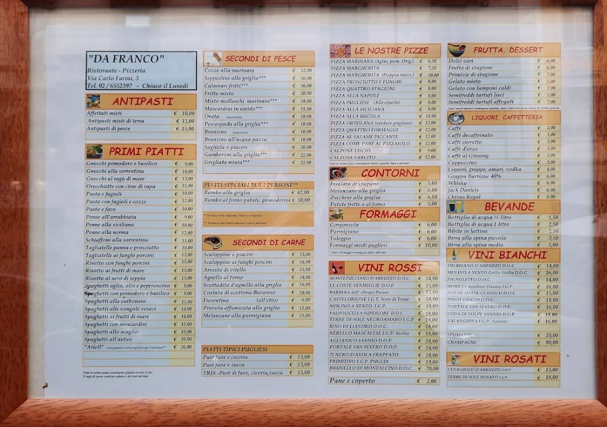 Menu di Pizzeria Trattoria da Franco 