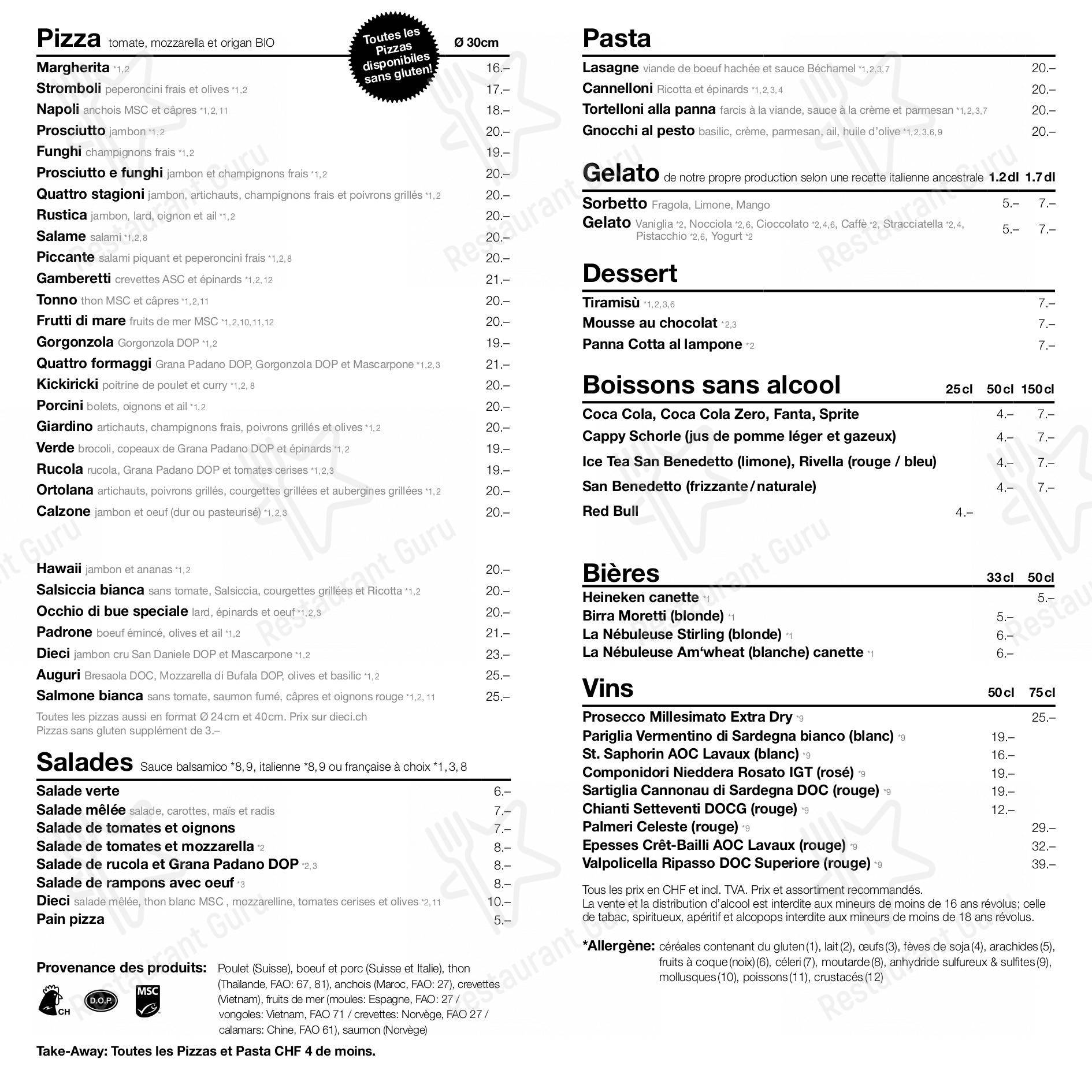 Основное меню pour dieci Pizza Lausanne Est-Pully pizzeria