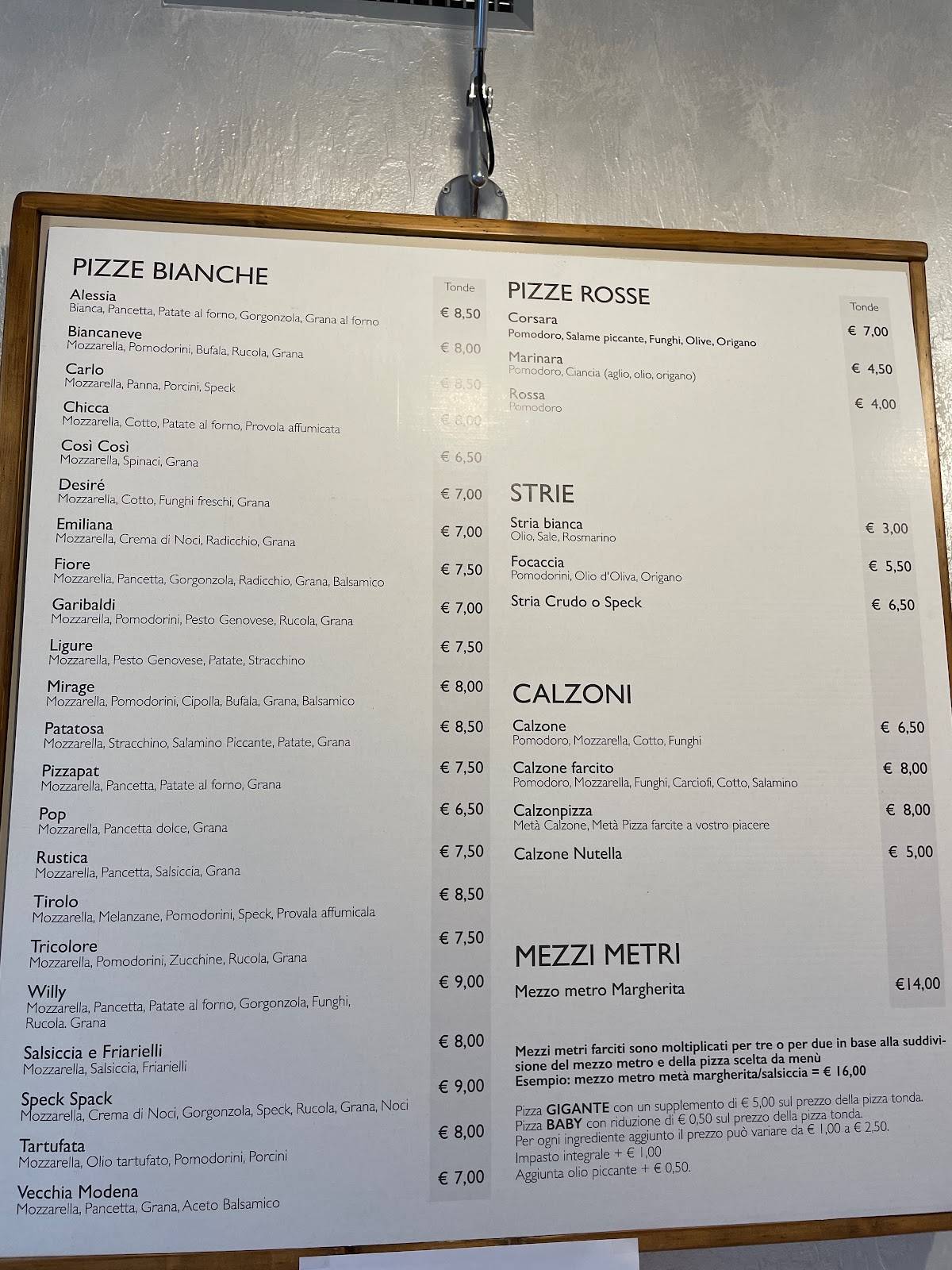 Menu de Pizzeria mirage
