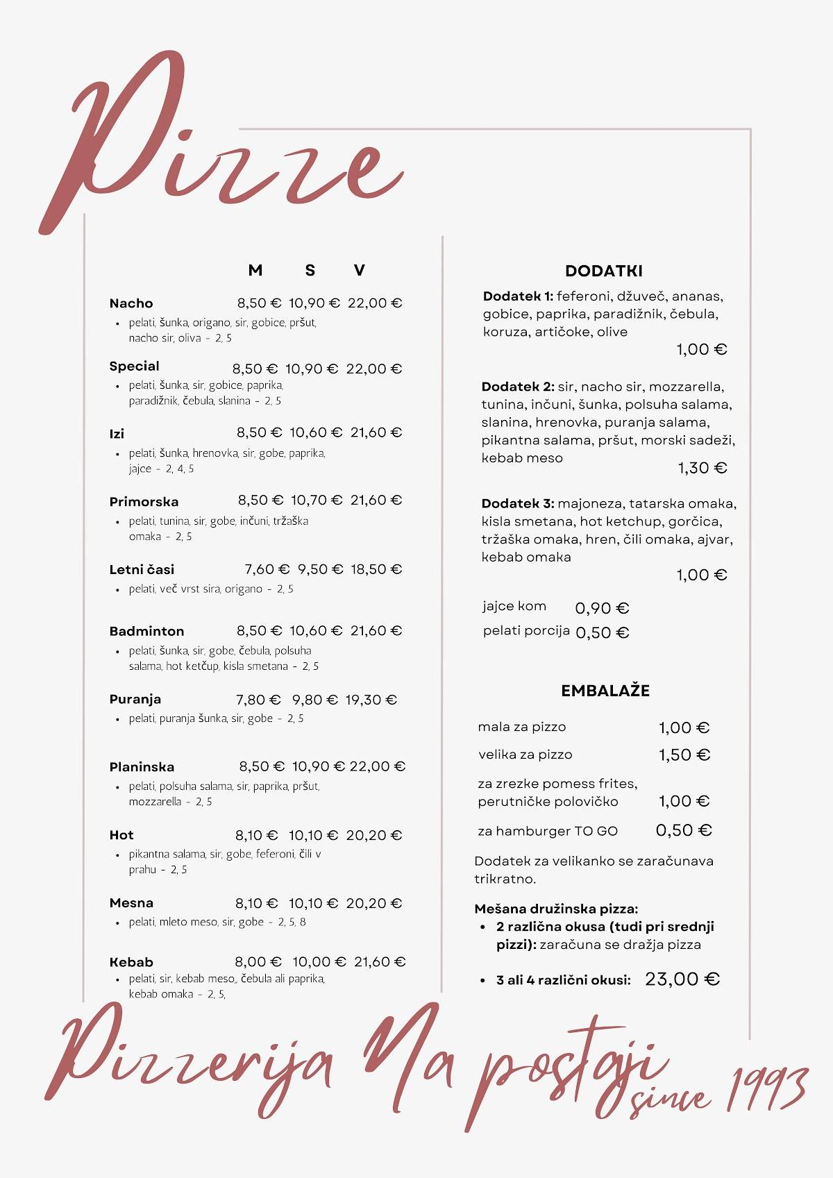 Menu di Pizzerija na postaji Vladimir Frajdl s.p. 